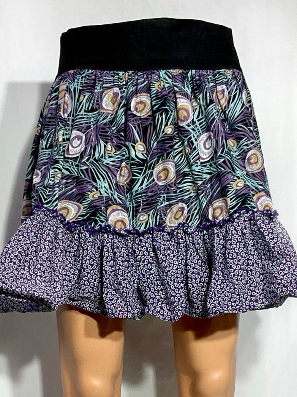 xhilaration Sz L Ruffled 100% Cotton Skirt Purple Womens Peacock 80s Style Lined